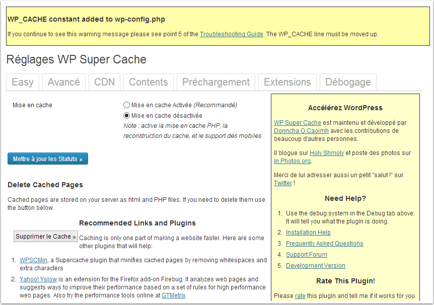 Ecran d'accueil de WP Super Cache